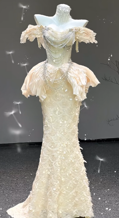 Elegant Mermaid Long Evening Dress Off-the-shoulder Beaded Tulle Wedding Guest Dress DP2882