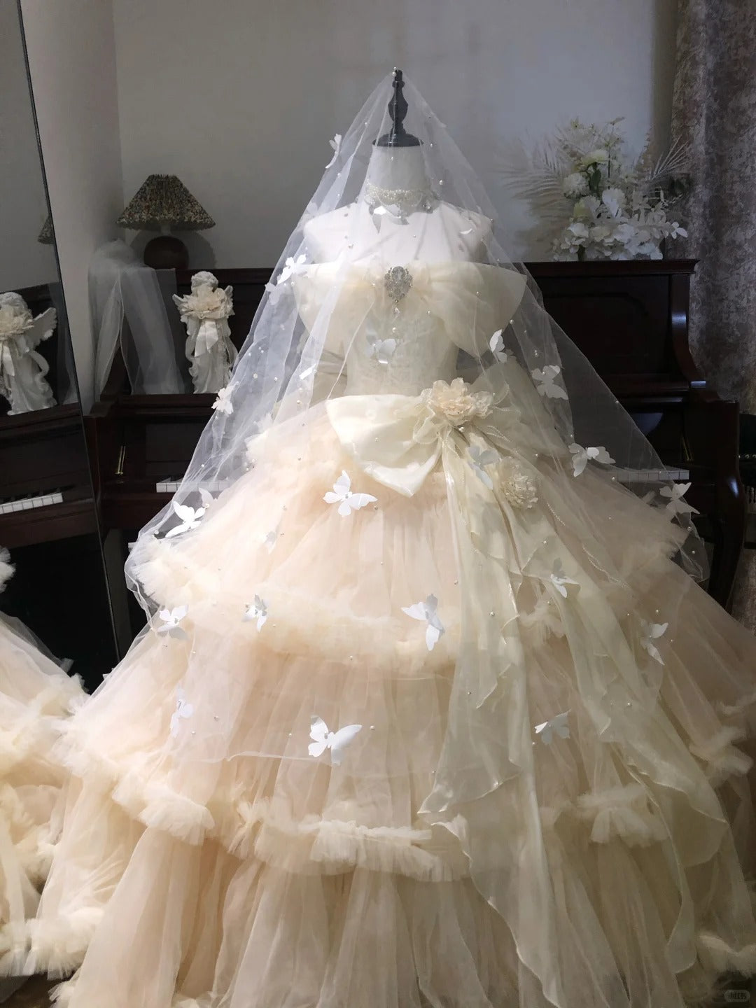 Fairy Off-the-shoulder Apricot Ball Gown Tiered Tulle Long Quinceanera Dress Formal Gowns Sweet 16 Dress DP2886