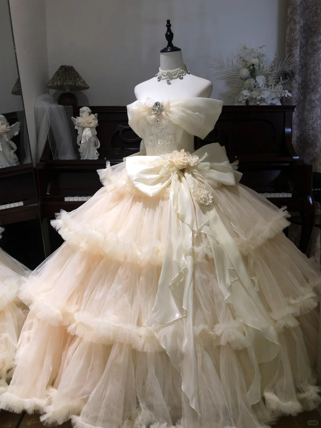 Fairy Off-the-shoulder Apricot Ball Gown Tiered Tulle Long Quinceanera Dress Formal Gowns Sweet 16 Dress DP2886