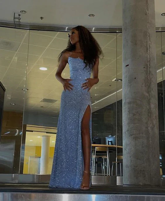 Glitzerndes blaues Pailletten-Etuikleid für Abend und Party mit hohem Schlitz, langes Ballkleid, formelles Kleid DP288