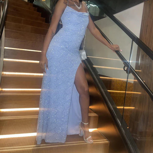 Glitzerndes blaues Pailletten-Etuikleid für Abend und Party mit hohem Schlitz, langes Ballkleid, formelles Kleid DP288