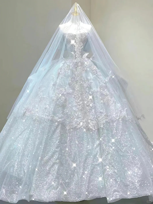 Timeless Off-the-Shoulder Ball Gown Sparkly Tulle Wedding Dress Bridal Gown with Veil DP2891