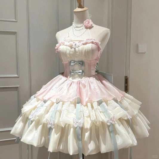 Vintage Ball Gown Pink Tulle Lace Spaghetti Straps Short Lolita Outfits 18th Birthday Dress Mini Cute Lolita Dress DP2896