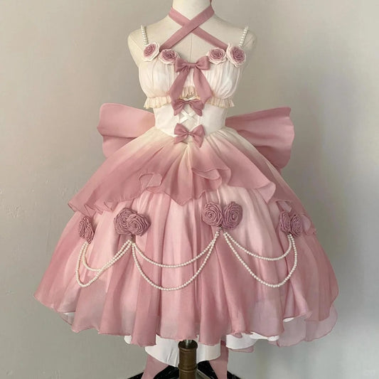 Vintage Ball Gown Pink Tulle Applique Spaghetti Straps Short Lolita Outfits 18th Birthday Dress Mini Cute Lolita Dress DP2897