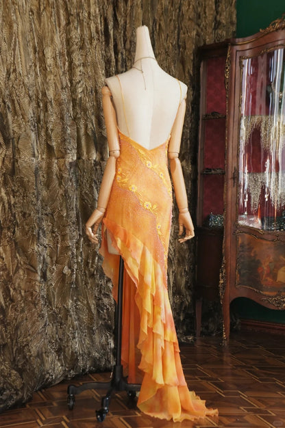 Vintage Spaghetti Strap Sheath Chiffon Beaded Long Yellow Evening Dress Sweet 16 Dress DP2902