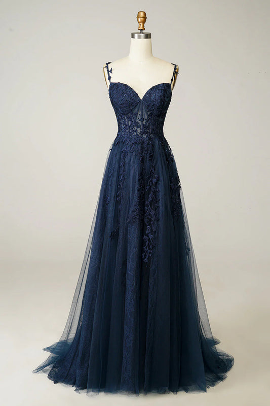 Sexy A-Linie Spaghettiträger Marineblau Ballkleid mit Applikationen Abendkleid DP290
