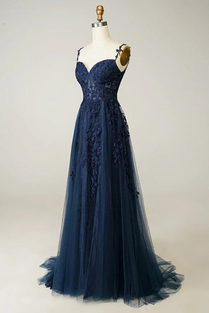 Sexy A Line Spaghetti Straps Navy Prom Dress with Appliques Formal Dress DP290