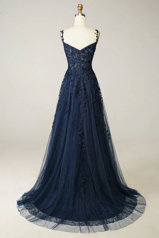 Sexy A-Linie Spaghettiträger Marineblau Ballkleid mit Applikationen Abendkleid DP290