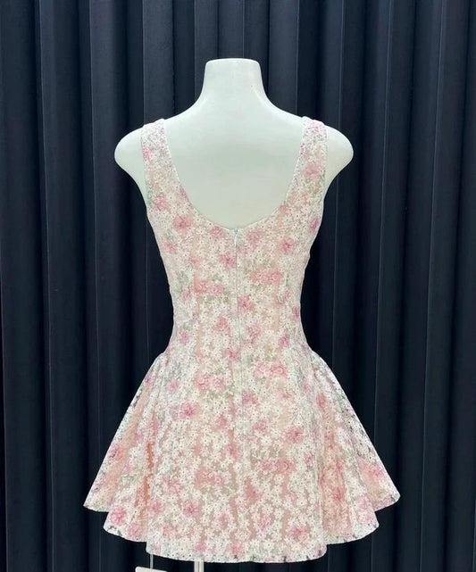 Sweet Pink A-Line Square Neck Short Homecoming Dress Floral Birthday Dress Formal Dress DP2911