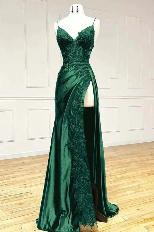 Sexy Sheath Satin Prom Dresses with Slit, Spaghetti Strap Formal Dress DP293