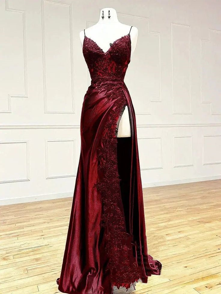 Sexy Sheath Satin Prom Dresses with Slit, Spaghetti Strap Formal Dress DP293