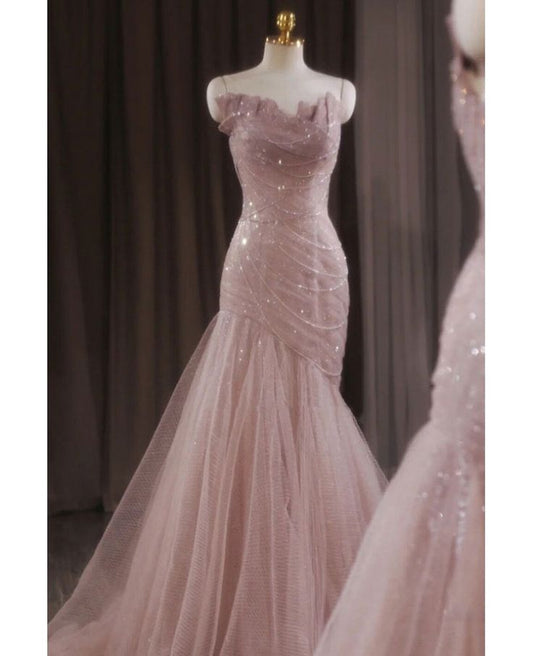Luxus Pailletten Rosa Tüll Wunderschöne Meerjungfrau Ballkleid Abendkleider DP294