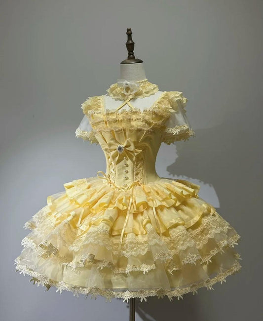 Vintage Ball Gown Yellow Tulle Lace Spaghetti Straps Short Lolita Outfits 18th Birthday Dress Mini Cute Lolita Dress DP2941