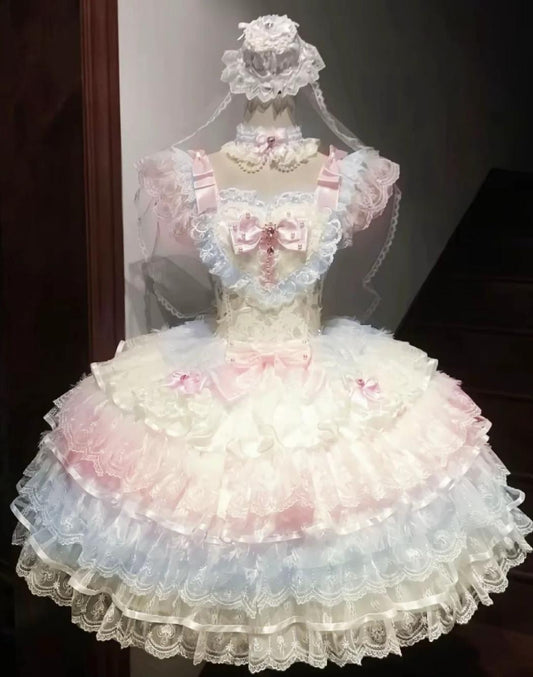Vintage Ball Gown Pink Lace Spaghetti Straps Short Lolita Outfits 18th Birthday Dress Mini Cute Lolita Dress DP2942