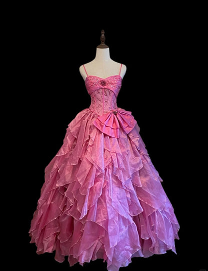 Cute Fuchsia Ball Gown Spaghetti Strap Quinceanera Dress Tulle Beaded Sweet 16 Dress DP2944