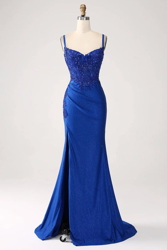Luxus Pailletten Royal Blue Mermaid Dünne Schultergurt Aufkleber Langes Abendkleid Abendkleider DP296