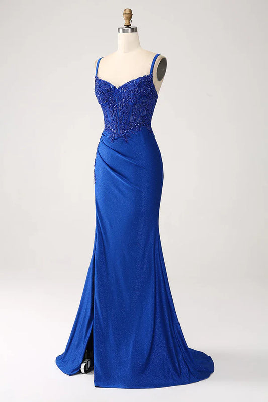 Luxus Pailletten Royal Blue Mermaid Dünne Schultergurt Aufkleber Langes Abendkleid Abendkleider DP296