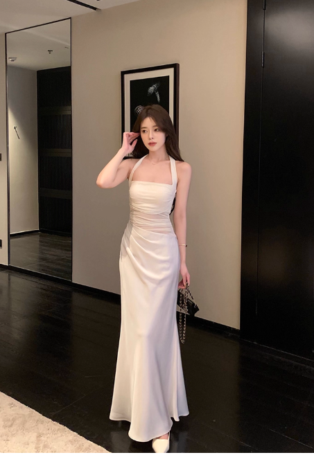 Elegant Halter Mermaid Satin Long Prom Dresses White Formal Evening Dresses  DP2980
