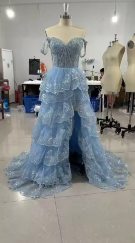 Fairy Off the Shoulder Light Blue Ruffles Prom Dress Party Gown Evening Dresses DP299