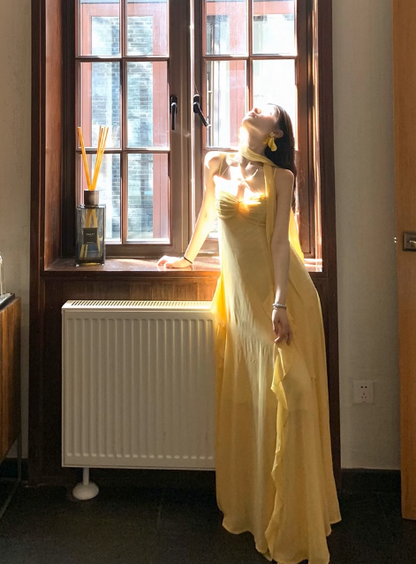 Elegant Sheath Evening Dresses, Spaghetti Strap Chiffon Yellow Guest Dress DP2997