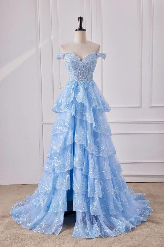 Fairy Off the Shoulder Light Blue Ruffles Prom Dress Party Gown Evening Dresses DP299