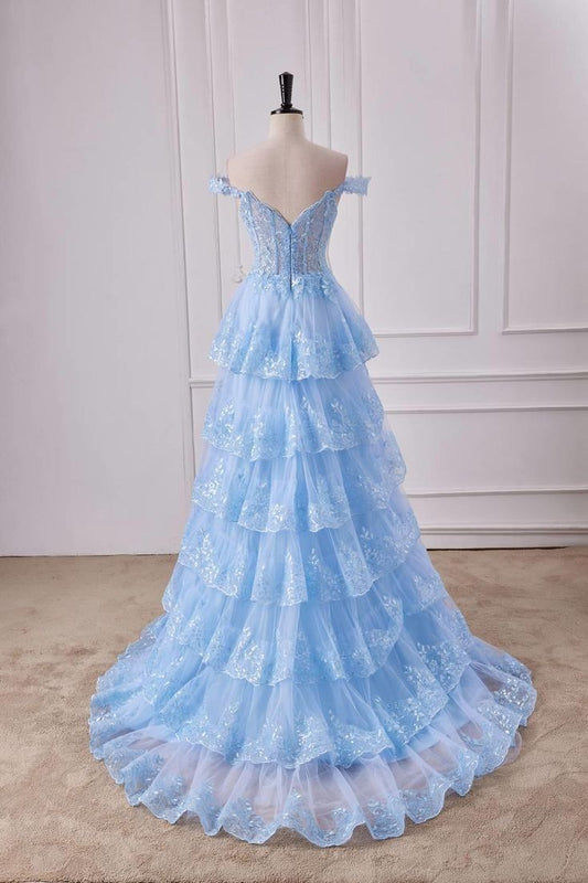 Fairy Off the Shoulder Light Blue Ruffles Prom Dress Party Gown Evening Dresses DP299