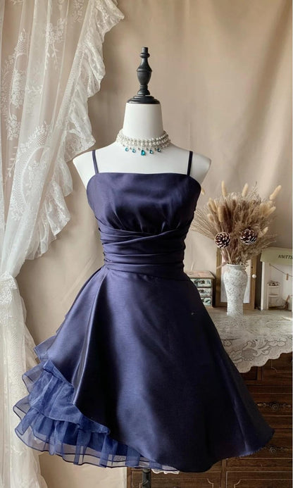 Cute A-Line Short Prom Dresses Spaghetti Straps Satin Birthday Dresses, Navy Blue Homecoming Dresses DP3002