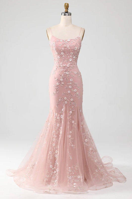 Meerjungfrau Blush Spaghettiträger Ballkleid mit Applikationen Abendkleider DP300
