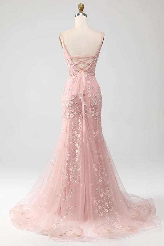 Meerjungfrau Blush Spaghettiträger Ballkleid mit Applikationen Abendkleider DP300