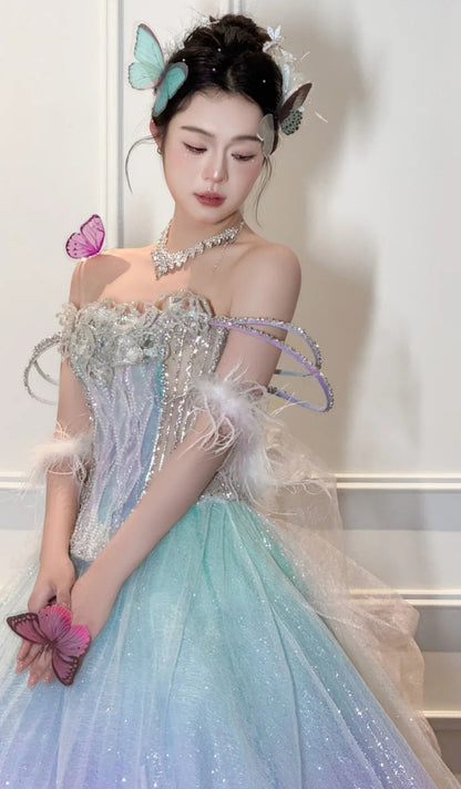 Gorgeous Off-the-shoulder A-line Tulle Beaded Long Prom Dresses, Formal Evening Dresses in Colorful DP3010
