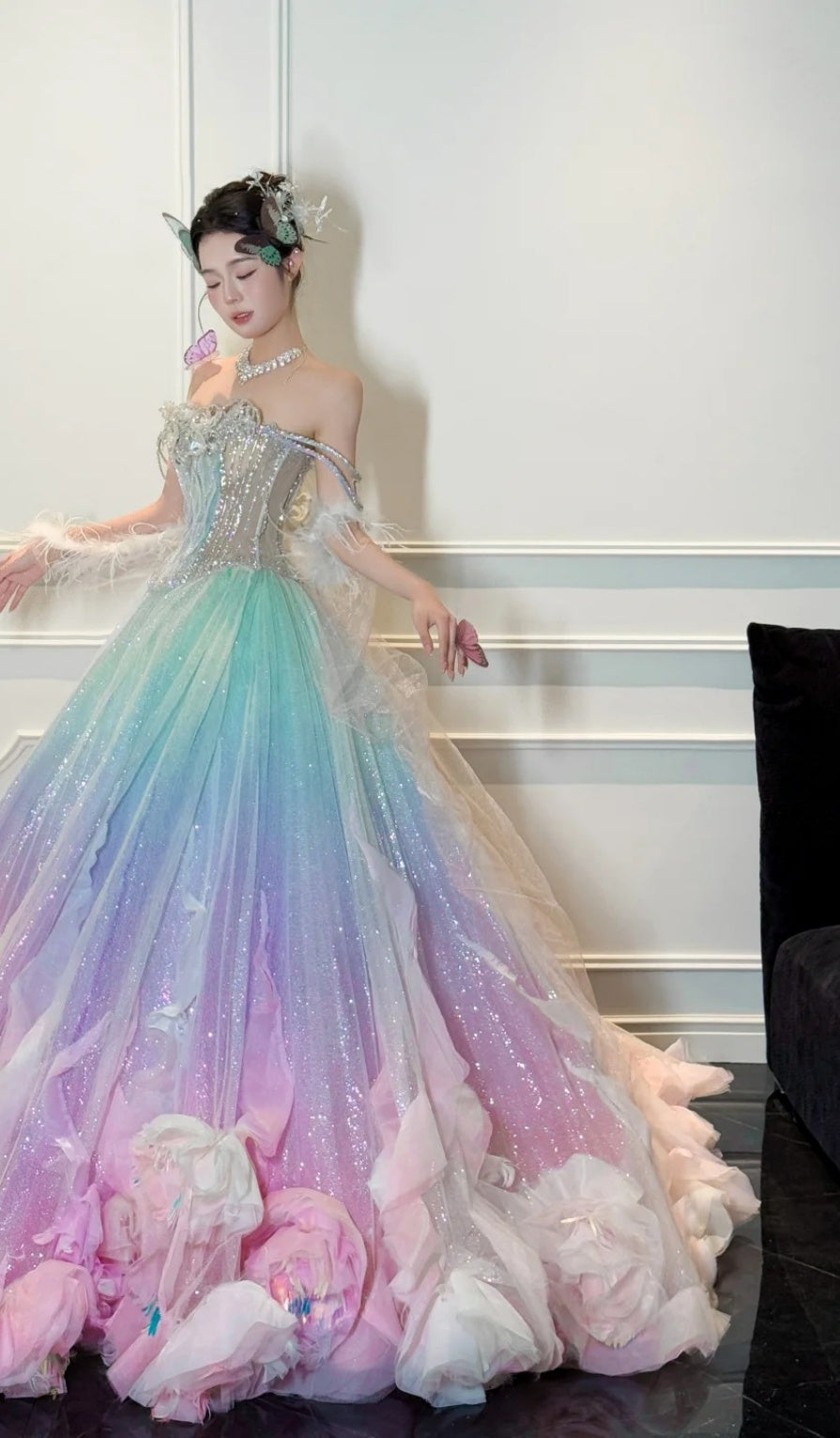 Gorgeous Off-the-shoulder A-line Tulle Beaded Long Prom Dresses, Formal Evening Dresses in Colorful DP3010