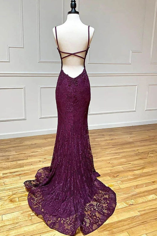 Hübsche Spitze Spaghettiträger V-Ausschnitt Meerjungfrau Formales Ballkleid Abendkleider DP304