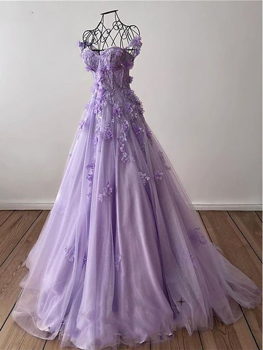 Sexy A-Linie Ballkleider Elegantes Kleid Formale Sweep/Pinsel Schleppe Ärmellos Herzausschnitt Tüll mit Falten Pailletten Applikationen DP305