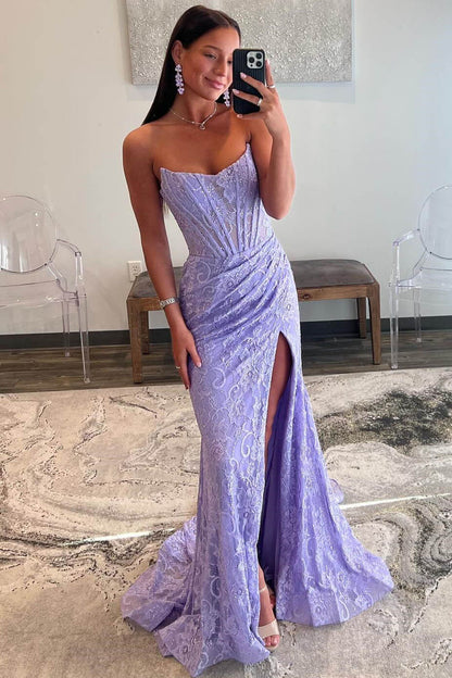 Pretty Long Strapless Lace Mermaid Formal Prom Dress with Slit DP306