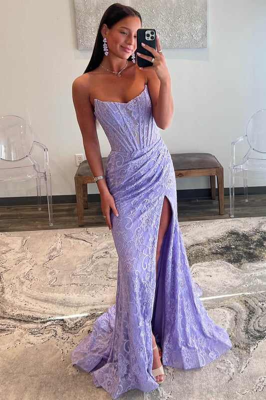 Hübsches langes trägerloses Meerjungfrau-Ballkleid aus Spitze mit Schlitz DP306