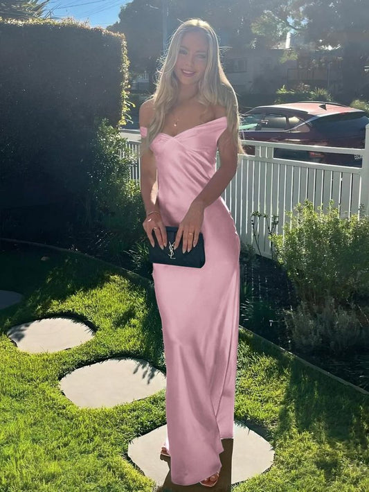 Sexy Off The Shoulder Etuikleid Satin Langes Ballkleid Rückenfreies Abendkleid DP310