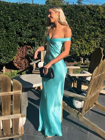 Sexy Off The Shoulder Sheath Satin Long Prom Dress Backless Evening Dresses DP310