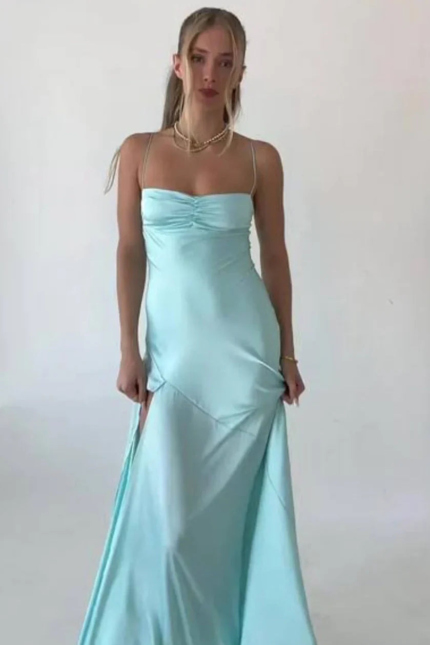 Robe de bal fourreau simple à bretelles spaghetti, robe de soirée longue rose avec fente sur le devant DP311