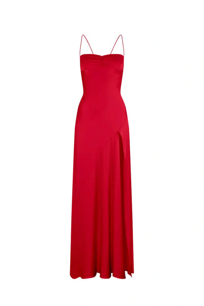 Robe de bal fourreau simple à bretelles spaghetti, robe de soirée longue rose avec fente sur le devant DP311