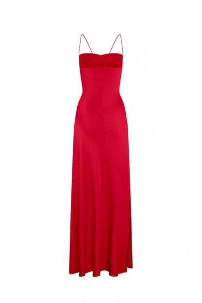 Robe de bal fourreau simple à bretelles spaghetti, robe de soirée longue rose avec fente sur le devant DP311