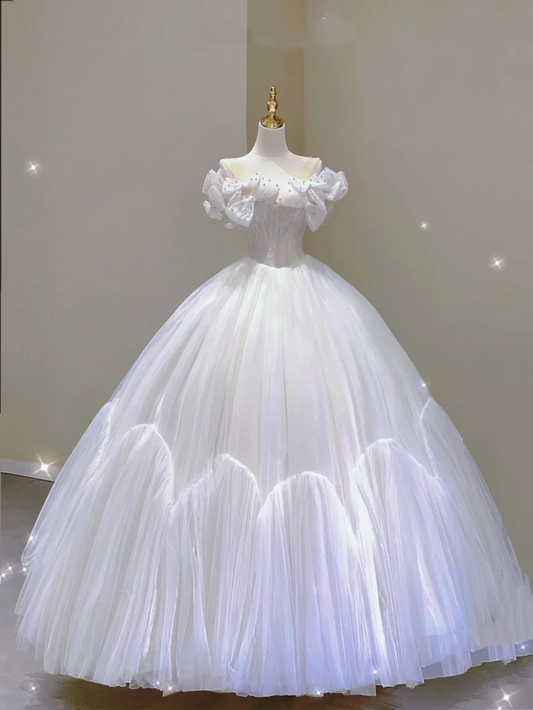 Edle Elegante Ballkleid Weg Von Der Schulter Weiß Lange Satin Brautkleider Bräute Kleid DP316