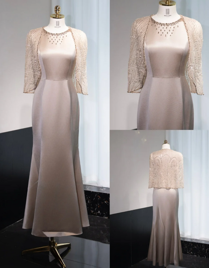 Elegant Jewel Mermaid Mother of the Bride Dresses with Cape, Light Brown Satin Evening Dresses DP3239