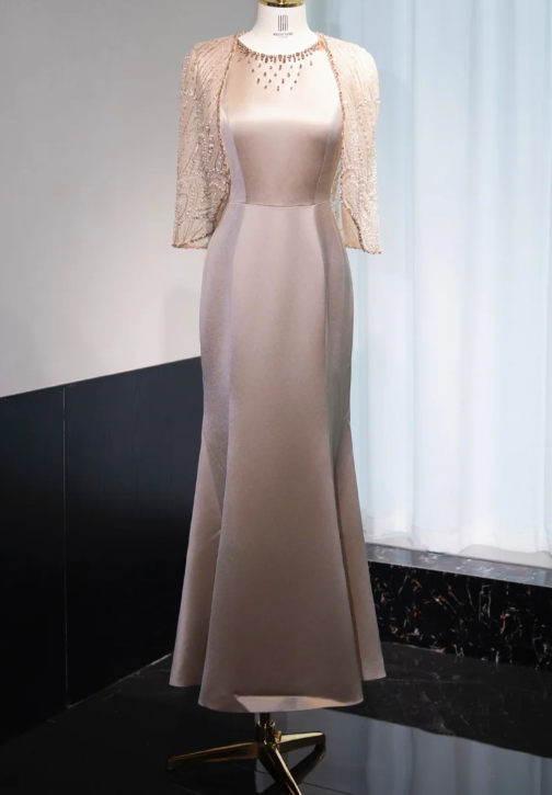 Elegant Jewel Mermaid Mother of the Bride Dresses with Cape, Light Brown Satin Evening Dresses DP3239