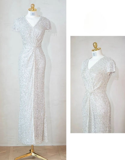 Elegant V neck Sheath Evening Dresses Net Sequin Silver Mother of the Bride Dress DP3266