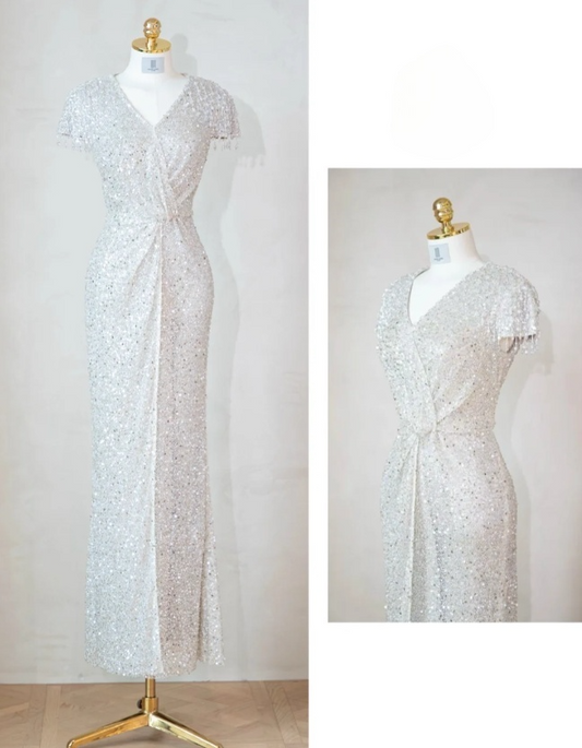 Elegant V neck Sheath Evening Dresses Net Sequin Silver Mother of the Bride Dress DP3266