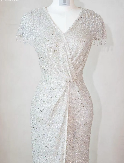 Elegant V neck Sheath Evening Dresses Net Sequin Silver Mother of the Bride Dress DP3266
