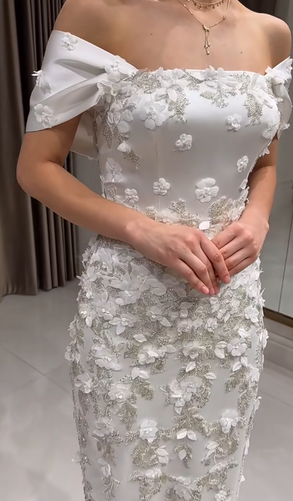 Classic Off-the-shoulder Sheath White Wedding Guest Dresses Satin Beaded Applique Evening Gowns DP3272
