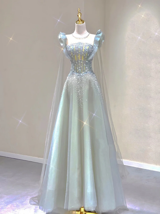 Hübsches A-Linien-Abendkleid mit U-Ausschnitt und langen Perlen und Tüll, ärmellos, Abendkleider, DP327