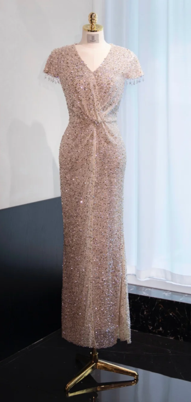 Elegant Sheath Evening Dress Sequins Champagne Gold Mother of the Bride Dresses Short Sleeves Guest Dresses DP3288