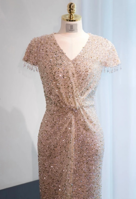 Elegant Sheath Evening Dress Sequins Champagne Gold Mother of the Bride Dresses Short Sleeves Guest Dresses DP3288